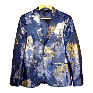 Moss London Mens Party Satin Gold Metallic Floral Skinny Button Jacquard Coat M